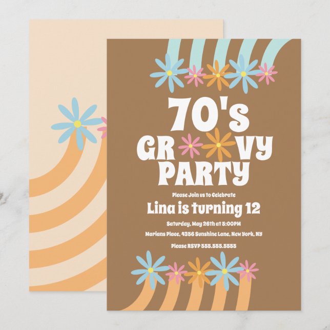  Retro blommor Groovy tonårsfödelsedag   Inbjudningar (Fram/baksida)