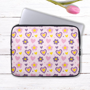 Retro blommor hjärtan mönster rosa, lila, gul laptop fodral