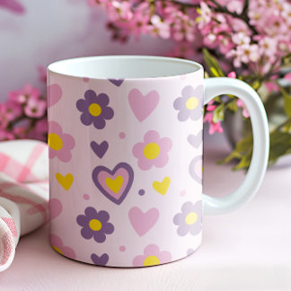 Retro blommor hjärtan mönster rosa, lila, gul mugg