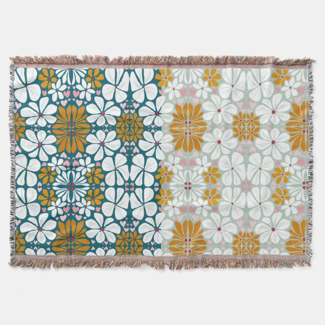 Retro-blommor med 70-sekunders groovy grönt Throw  Filt (Framsidan)