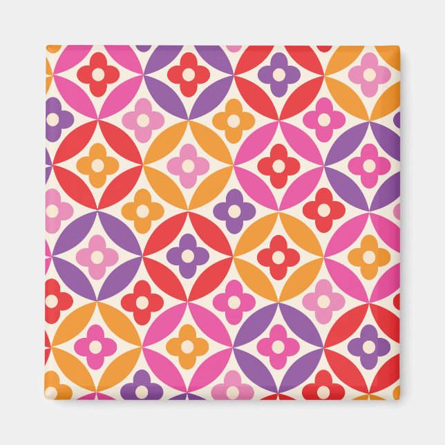 Retro blommor på mitten av seklets cirklar Mönster Magnet (Framsidan)
