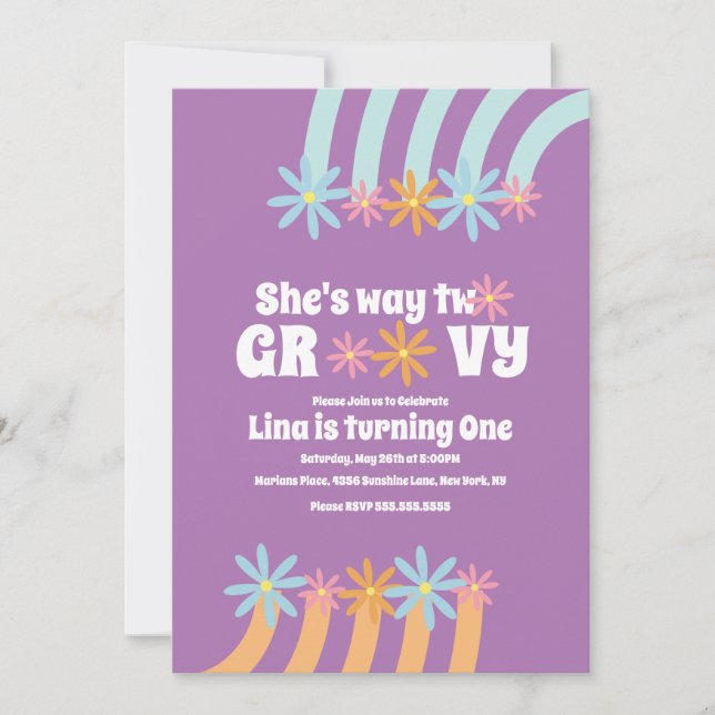  Retro blommor sätt två groovy födelsedag    Inbjudningar (Framsida)