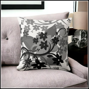[Retro blommotiv] Grått botaniskt grafiskt formspr Kudde