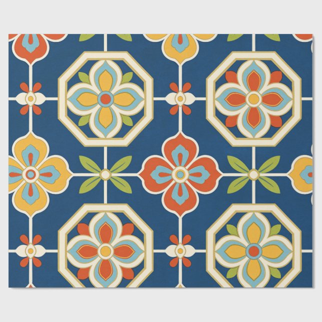 Retro blomplattforms Mönster Marinblå Orange & Gul Presentpapper (Platt)