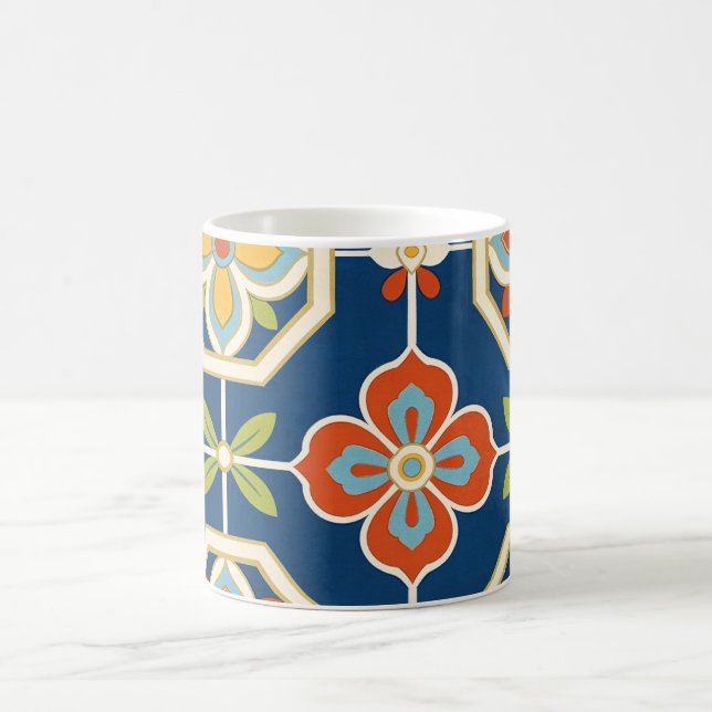 Retro blomplattformsnavblå orange & guld kaffemugg (Center)