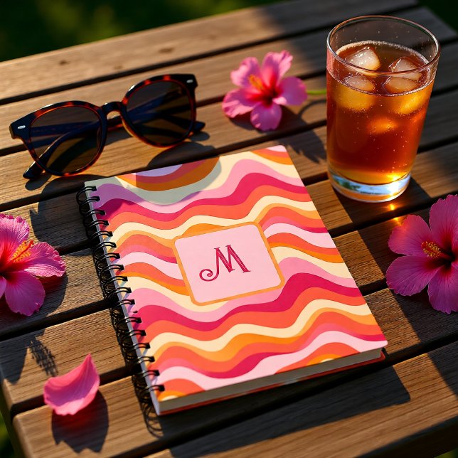 Retro blomster monogram – Rosa & Bruna Blommor Anteckningsbok (Retro Floral Monogram – Pink & Brown Flowers Notebook)