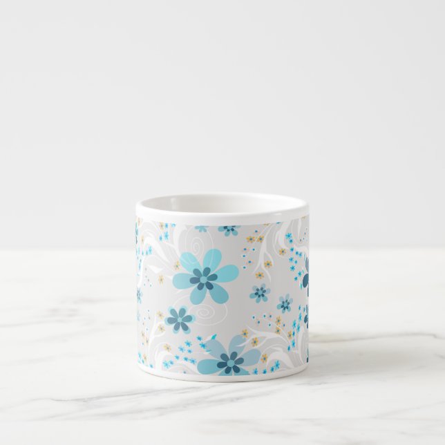 Retro, blomster mönster, blå, grå espressomugg (Framsidan)