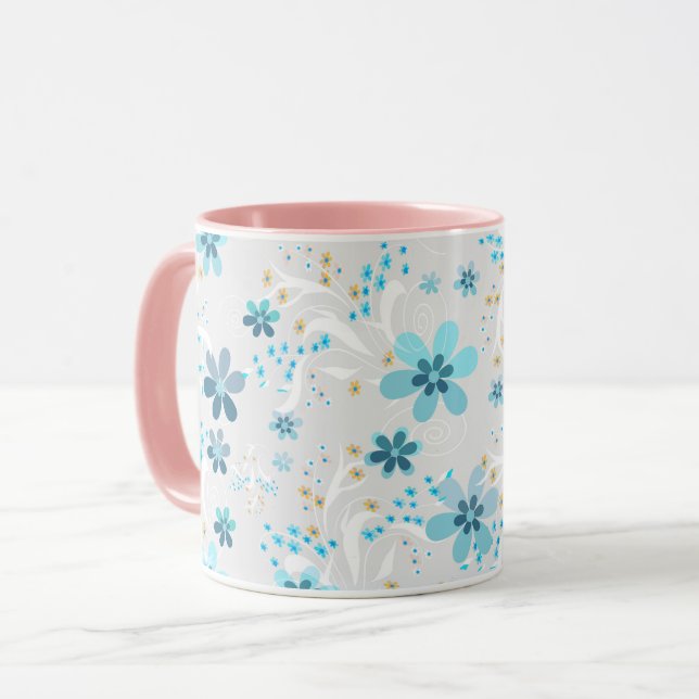 Retro, blomster mönster, blå, grå mugg (Framsida vänster)