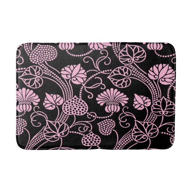 Retro blomster Mönster Rosa på Svart Badrumsmatta (Framsidan)