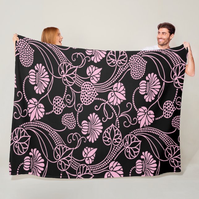 Retro blomster Mönster Rosa på Svart Fleecefilt (På plats)