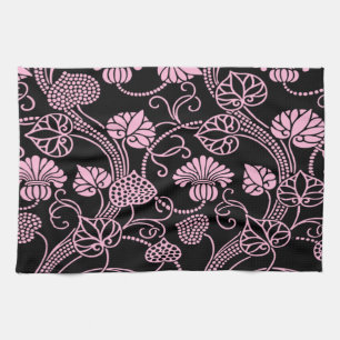 Retro blomster Mönster Rosa på Svart Kökshandduk
