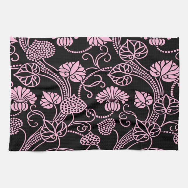 Retro blomster Mönster Rosa på Svart Kökshandduk (Horisontell)