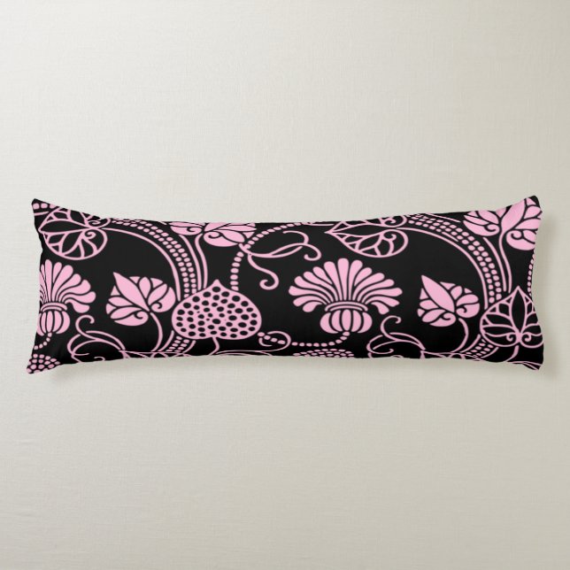 Retro blomster Mönster Rosa på Svart Kroppskudde (Framsidan)