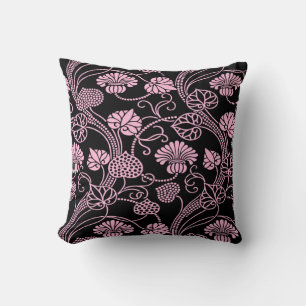 Retro blomster Mönster Rosa på Svart Kudde