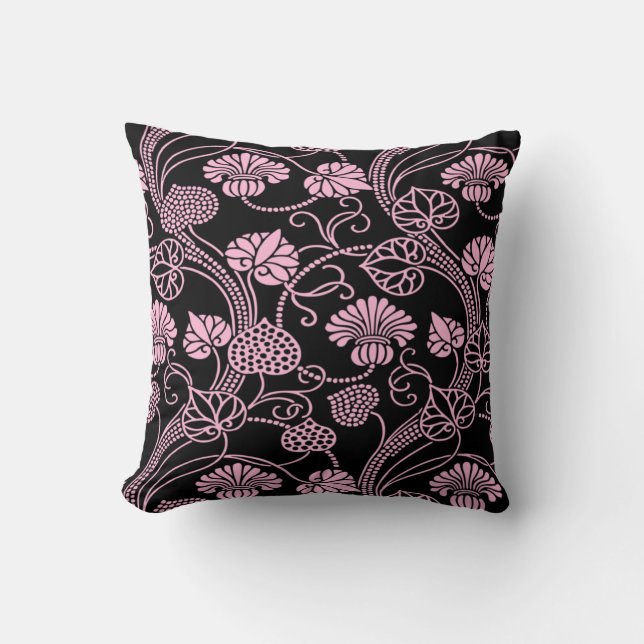 Retro blomster Mönster Rosa på Svart Kudde (Framsida)