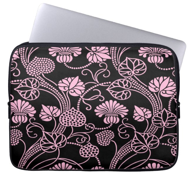 Retro blomster Mönster Rosa på Svart Laptop Fodral (Framsidan)