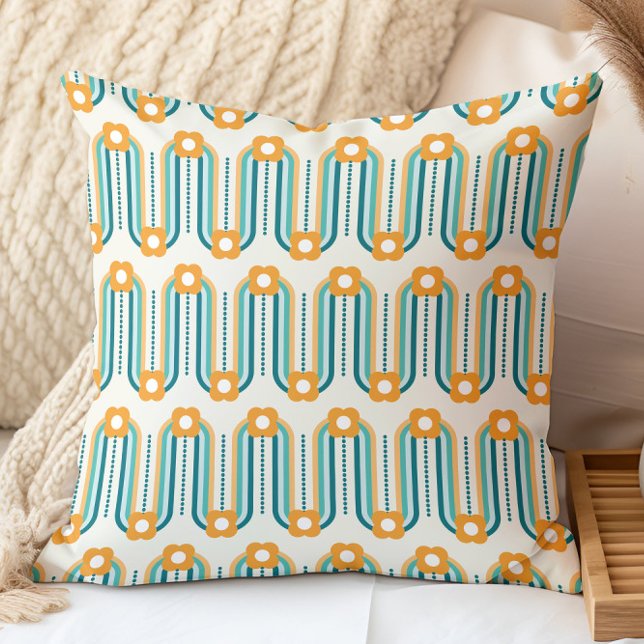Retro blomster Mönster Teal Aqua Orange Kudde (Skapare uppladdad)