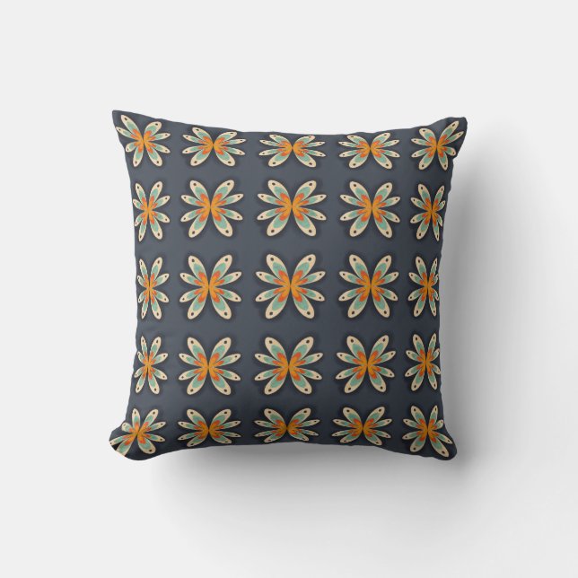 Retro blomster orange marinblå abstrakt mönster  kudde (Framsida)