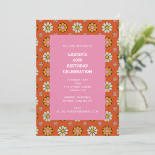 Retro blomster orange rosa 60-årsfest inbjudningar