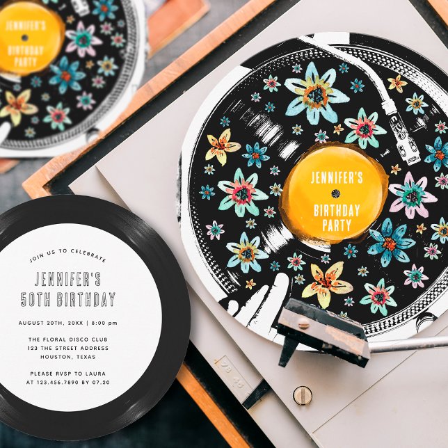Retro blomster personlig vinylskiva inbjudan (Skapare uppladdad)