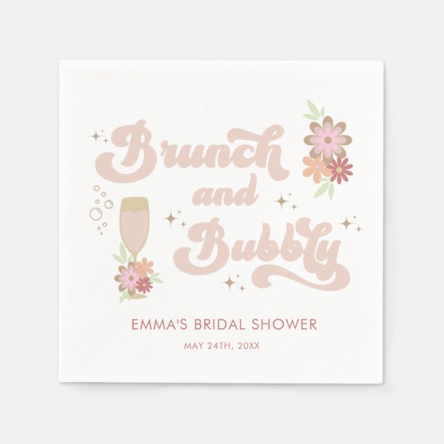 Retro blomsterbrunch och bubbelbröllopsdusch pappersservett (Framsidan)