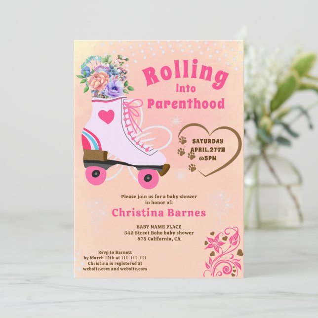 Retro blomstergul teal rullskridsko boho baby show inbjudningar (Stående Fram)