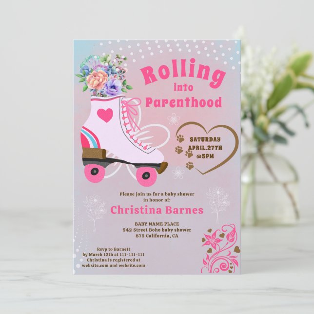 Retro blomstergul teal rullskridsko boho baby show inbjudningar (Stående Fram)