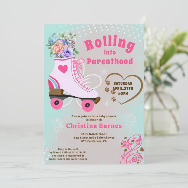 Retro blomstergul teal rullskridsko boho baby show inbjudningar (Stående Fram)