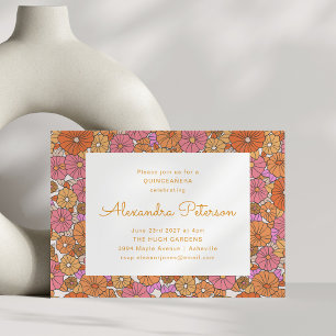 Retro blomsterkant Orange Rosa Quinceañera Inbjudningar
