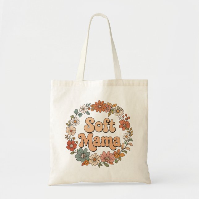 Retro blomsterkrans "Mjuk Mama" Groovy typografi  Tygkasse (Framsidan)