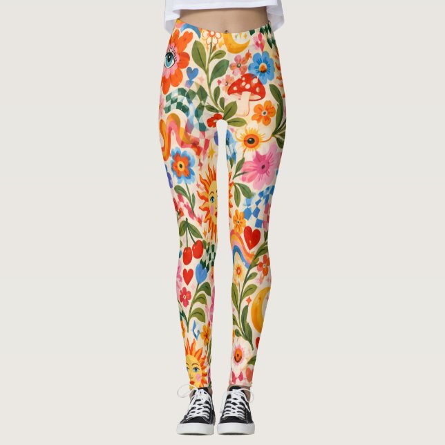 Retro blomstermönstrade maximalistiska leggings i  (Framsida)