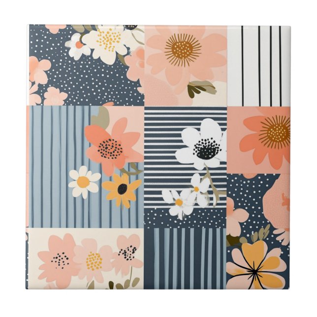 Retro blomsterpatchwork i rosa och blått kakelplatta (Framsidan)