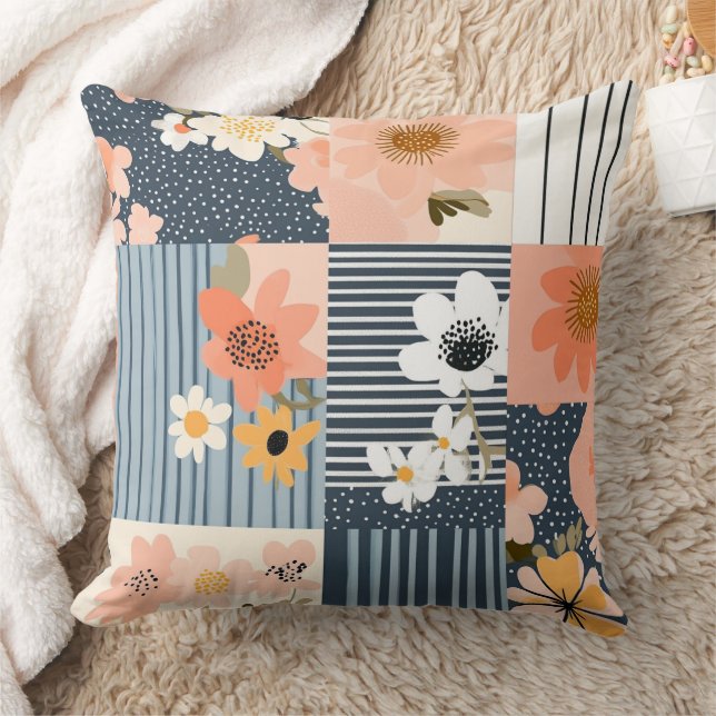 Retro blomsterpatchwork i rosa och blått kudde (Filt)