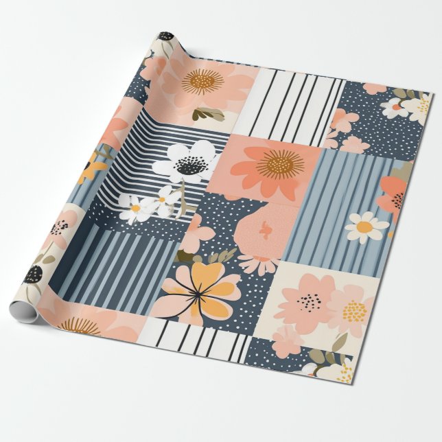 Retro blomsterpatchwork i rosa och blått presentpapper (Utrullad)