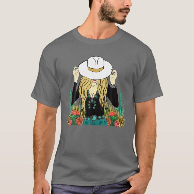 Retro Blonde Cowgirl Punchy Cowhide Turcos Väster T Shirt (Framsida)