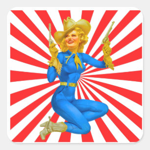 Retro Blonde Pin-up Girl in Western Boots Fyrkantigt Klistermärke