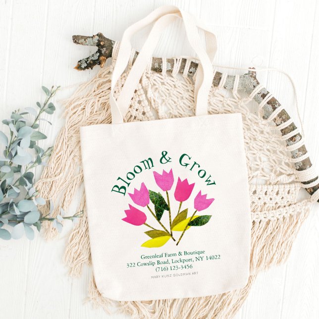 Retro Bloom & Grow Blommigt Garden Farm Boutique Tygkasse (These retro pink tulips are my own original art. Your business info appears in classic typography.)