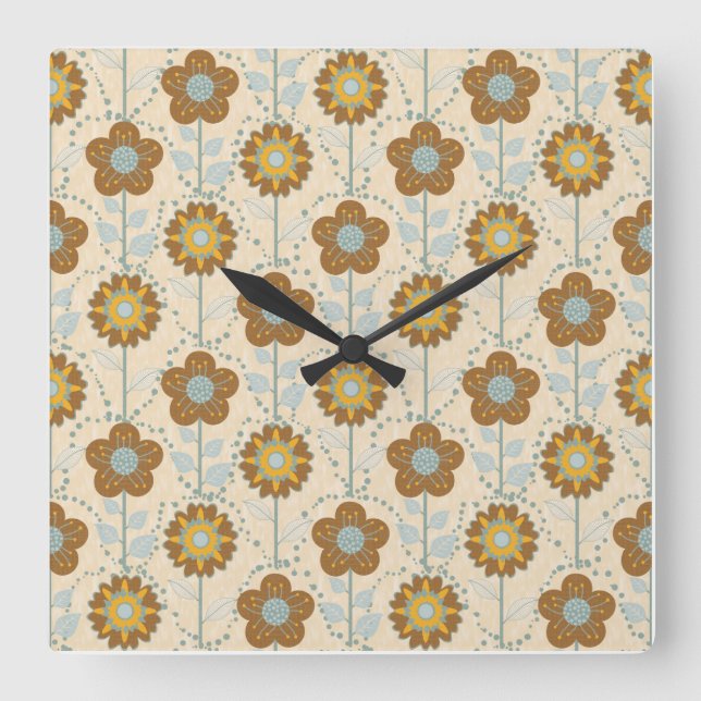 Retro Bloom Harmony Baby Blue Mustard Fyrkantig Klocka (Framsida)