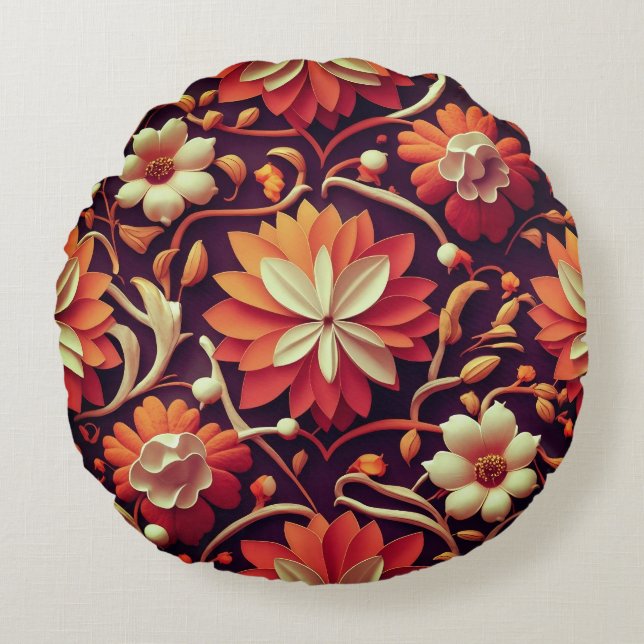 "Retro Bloom - Sömlöst Blommönster Rund Kudde (Framsidan)