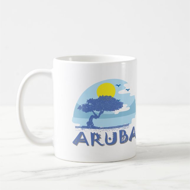 Retro Blue Aruba Divi Träd, Sol och oceanen Kaffemugg (Vänster)