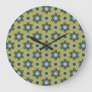 Retro Blue & Black-Daisy på Blommönstret Grönt Stor Klocka