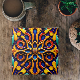 Retro Blue Blommigt Art Deco Illustration Kakelplatta