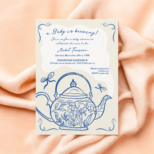 Retro blue bows tekanna baby brinner Babydusch Inbjudningar (Retro blue bows teapot baby is brewing Baby shower Invitation)