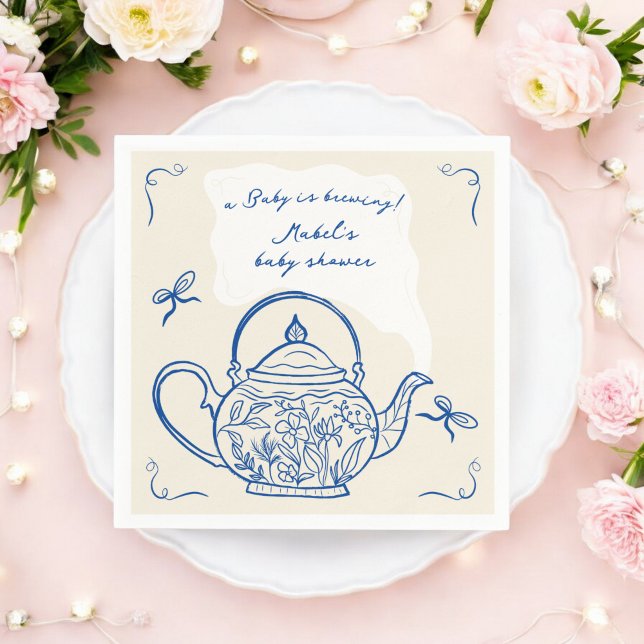 Retro blue bows tekanna baby brinner dusch pappersservett (Retro blue bows teapot baby is brewing shower napkins)