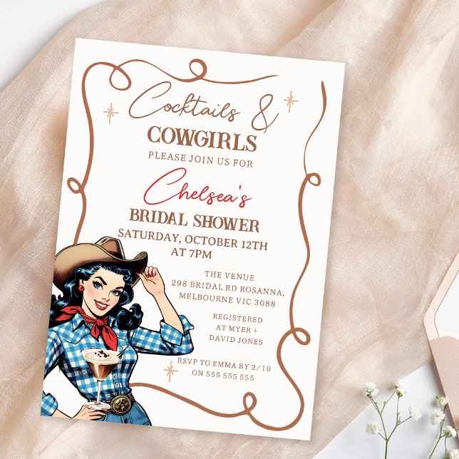 Retro Blue Brown Cocktails Cowtjejer Möhippa Inbjudningar (Cowgirl Bridal Shower Invitation Template, Cocktail and Cowgirls Bridal Shower Invitation Retro)