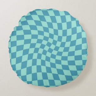 Retro Blue Checks - varnad, kontrollerbar lucka Rund Kudde