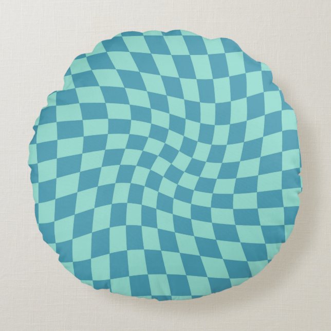 Retro Blue Checks - varnad, kontrollerbar lucka Rund Kudde (Framsidan)