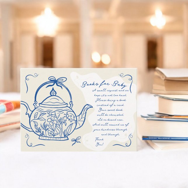 Retro blue chic visar tekanna bokar för babydusch tilläggskort (Retro blue chic bows teapot books for Baby shower Enclosure Card)
