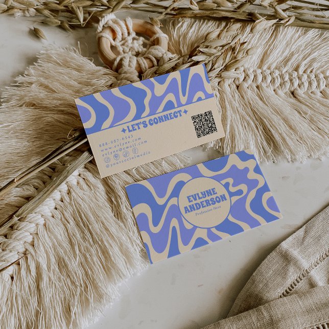 Retro Blue Cream 70s Boho Groovy Trendy QR Code Visitkort (Skapare uppladdad)