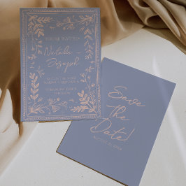 Retro Blue Cream Drawn Floral Garden Save The Date Spara Datumet